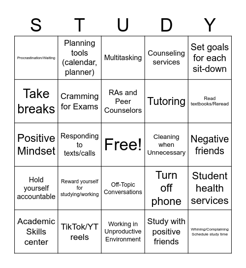 Time Management and Studying Bingo Card