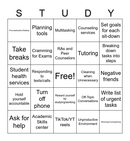 Time Management and Studying Bingo Card