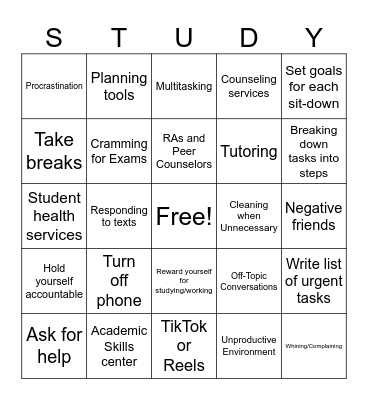 Time Management and Studying Bingo Card