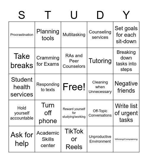 Time Management and Studying Bingo Card