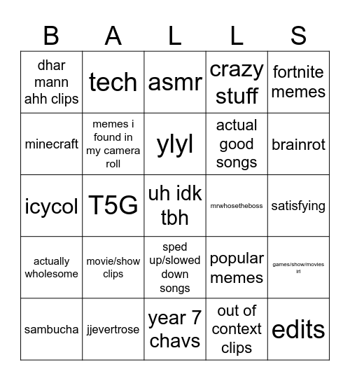 shorts bingo Card