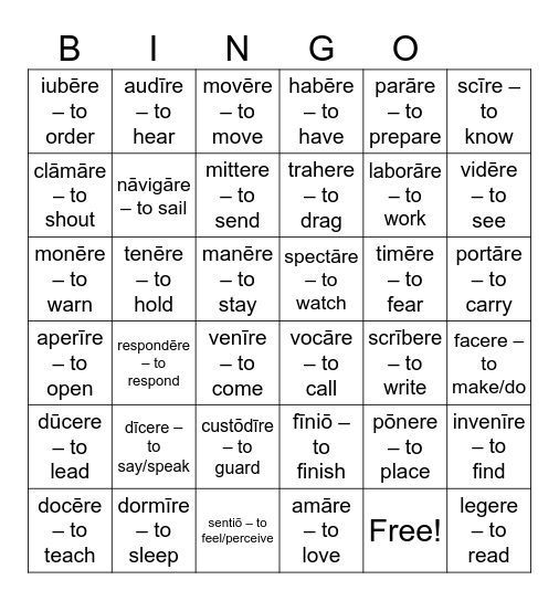 Latin Verbs Bingo Card