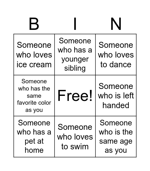 Get To Know Your New Friends Bingo Card