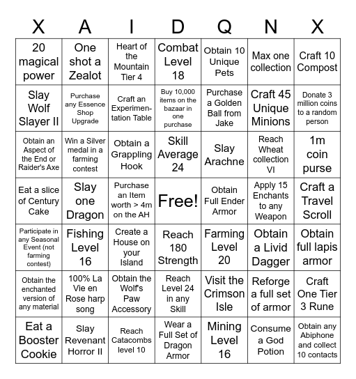 xAidqnx Hypixel Skyblock Bingo Card