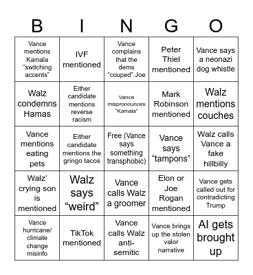 Walz/Vance VP Debate Bingo Card