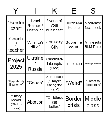 Vance Walz 2024 VP Debate Bingo Card