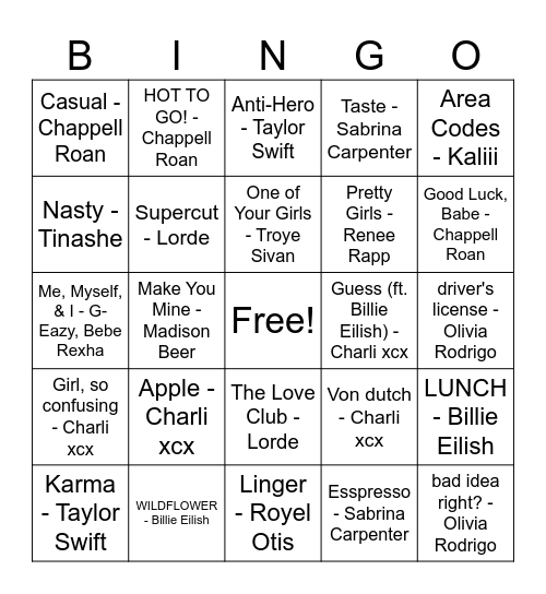 Current(ish) Bops by Our Fave Girly Pops Bingo Card