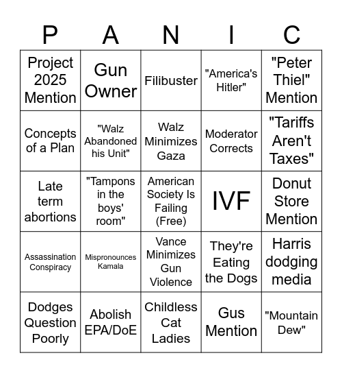 Gang VP Debate Bingo Card