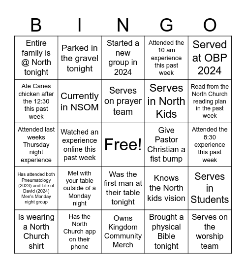 North Men Bingo Card