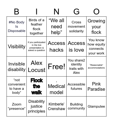 Community Building Practices Through a Disability Justice Accessibility Culture Lens Bingo Card