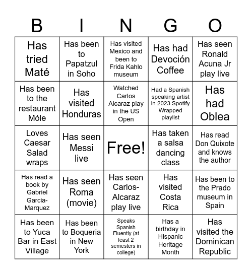 Hispanic Heritage Month Bingo Card