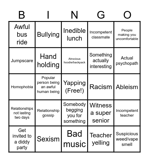 Highschool Bingo Card