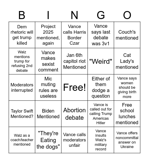 Vice Presidential Debate 2024 Walz Vs Vance Bingo Card