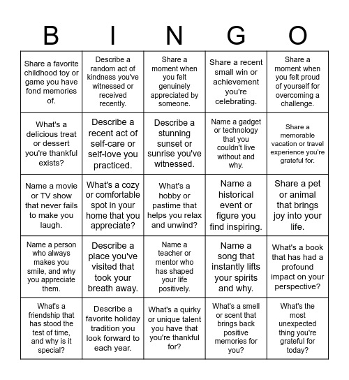 Gratitude Bingo Card