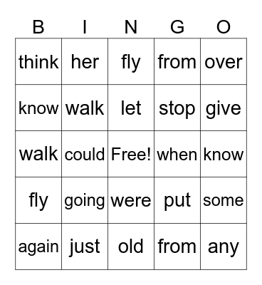 Sight Words 1 Bingo Card