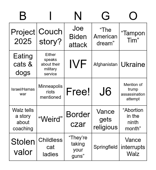 2024 VP Debate Bingo Card