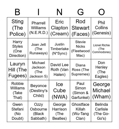 Artists That Found Solo Success After Leaving Big Bands Bingo Card