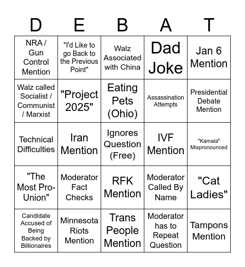 VP Debat Bingo Card