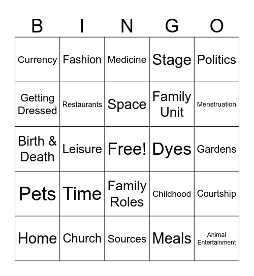 Tudor Daily Life Bingo Card