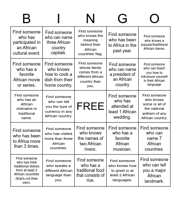 ASA Cultural Connections Bingo Card