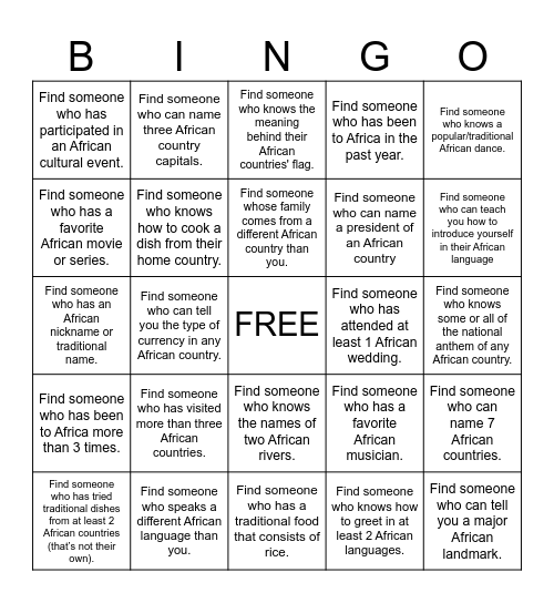 ASA Cultural Connections Bingo Card