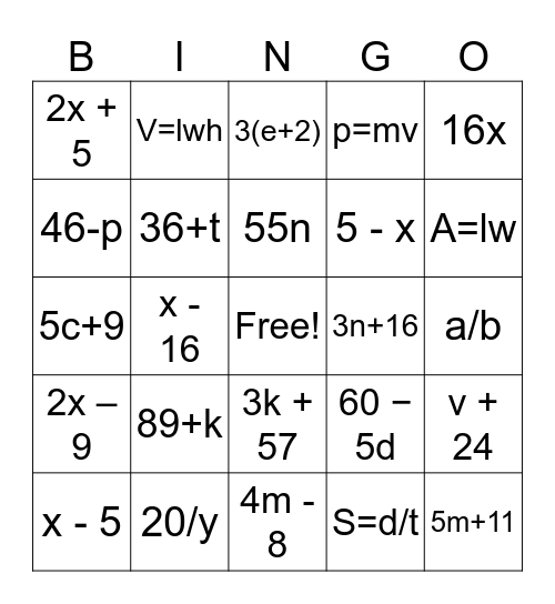 Translating Algebraic Phrases Bingo Card