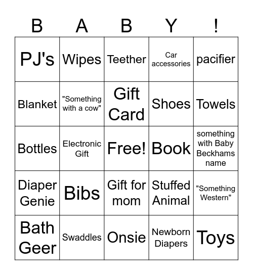 Baby Gift Bingo Card