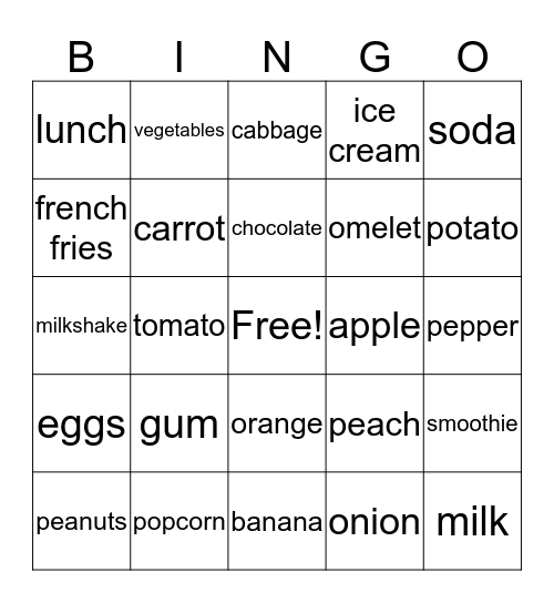 Things to Eat  Bingo Card