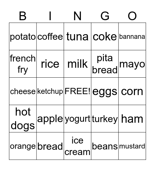 Grocery Bingo Card