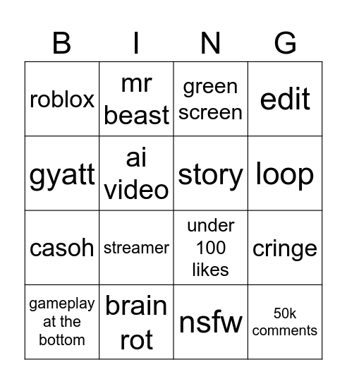 youtube shorts Bingo Card