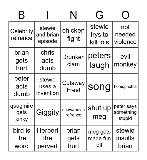 Family Guy Bingo Card