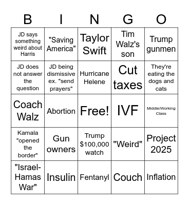 VP Debate Bingo Card