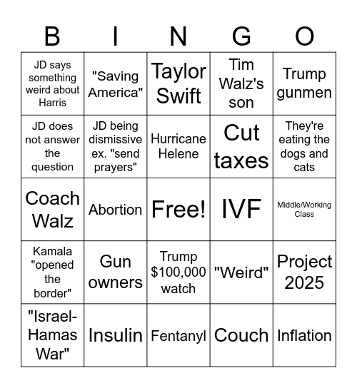 VP Debate Bingo Card