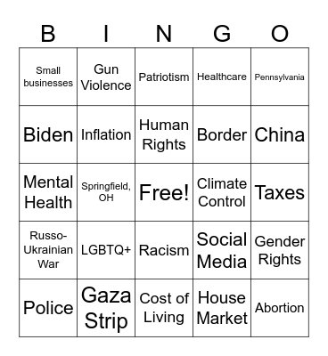 Vice Presidential Debate Bingo Card