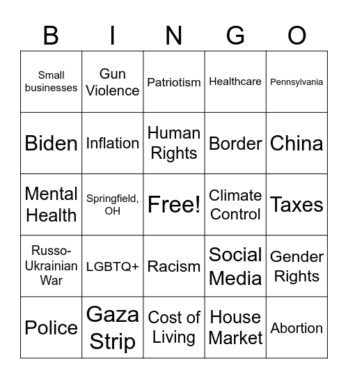 Vice Presidential Debate Bingo Card