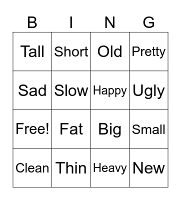 Adjectives Bingo Card