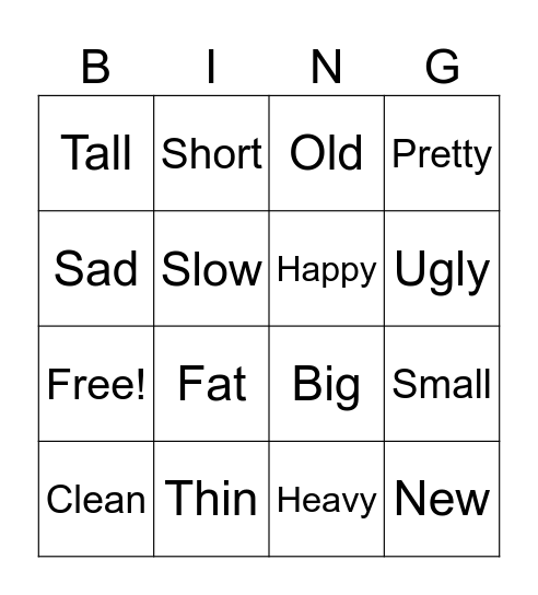 Adjectives Bingo Card