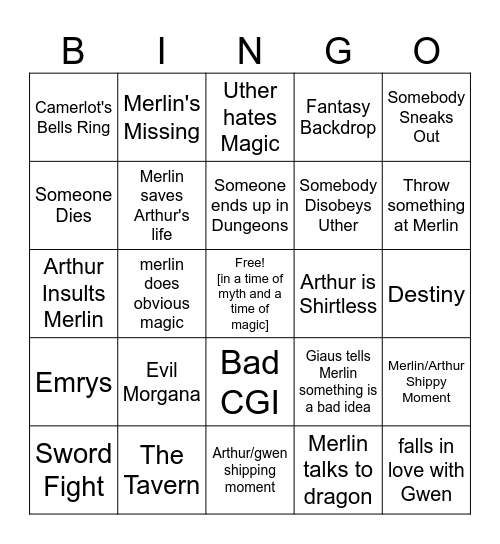 season 3 merlin bingo Card