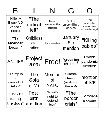 VP Debat Bingo Card