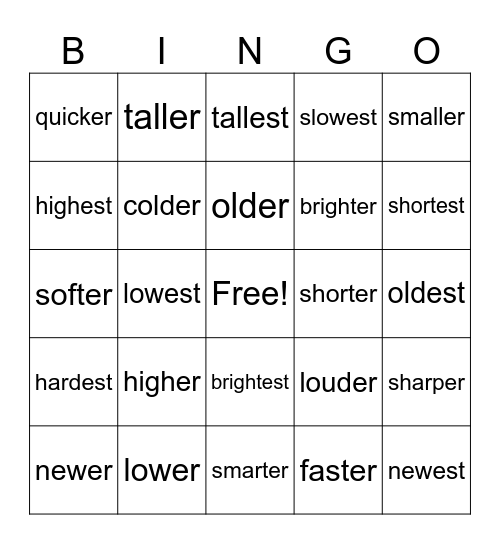 Lesson 100: -er/-est Bingo Card