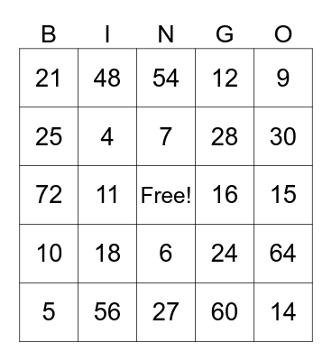 Multiplication Bingo Card