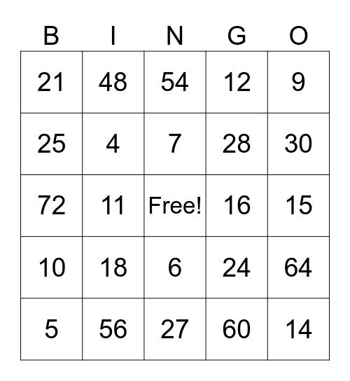 Multiplication Bingo Card