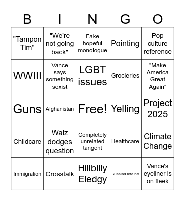 Vice Presidential Debate Bingo Card