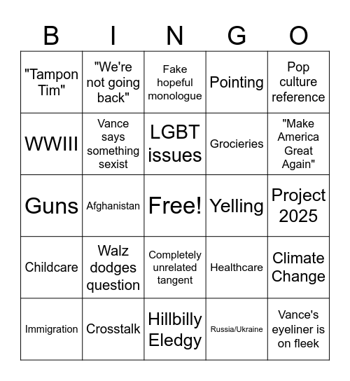 Vice Presidential Debate Bingo Card