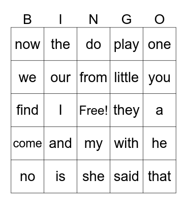 Kinder Sight Words Bingo Card