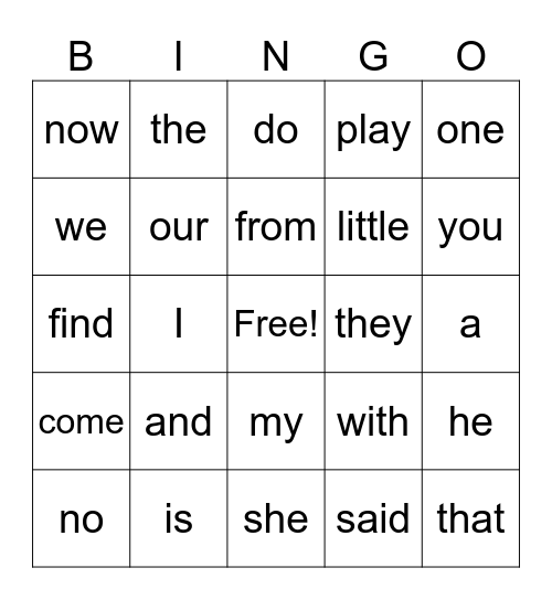 Kinder Sight Words Bingo Card