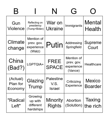 Vice-Presidential Debate Bingo Card