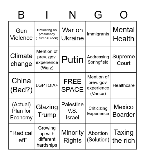 Vice-Presidential Debate Bingo Card