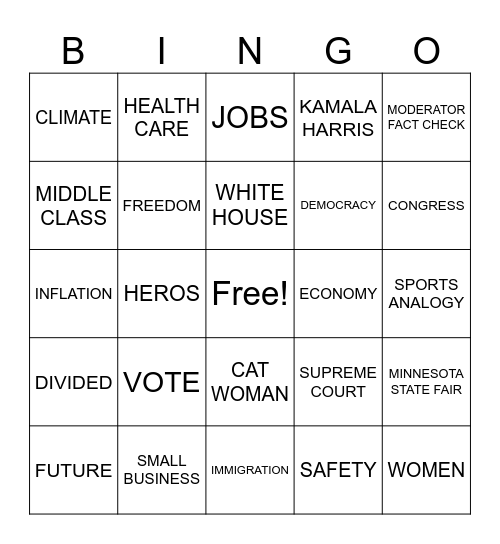 VP Debate Bingo Card