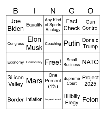 VP Debate 2024 Bingo Card